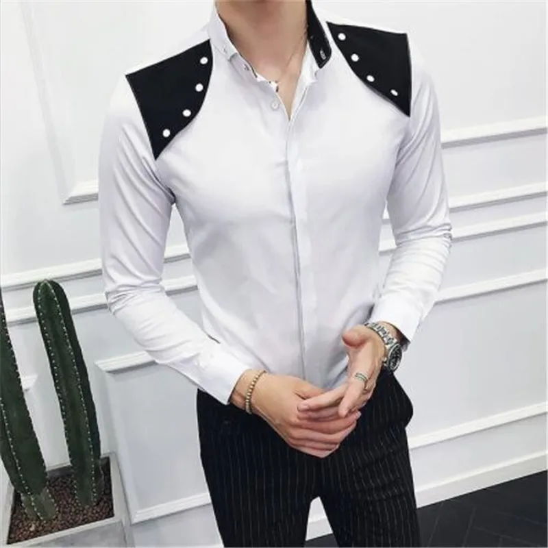 Контрастная черно-белая Лоскутная рубашка для мужчин camisa social masculina Корейская мужская одежда новые осенние повседневные мужские рубашки slim fit