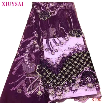 

XIUYSAI African Onion Lace Wedding Dress Stones Lace Fabric 5Yard, African Lace Fabric High Quality Velvet Net Lace SL100