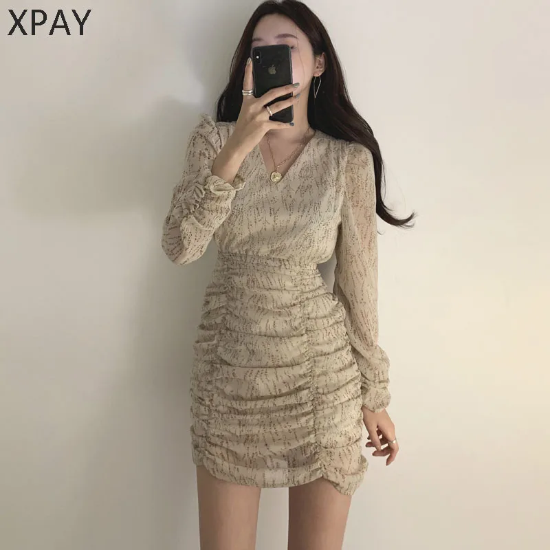 

Vintage Gentle Print Floral V-Neck Slender Mini Dresses Hot 2020 Chic Chiffon Pleated Sexy High Waist Office Lady Dress