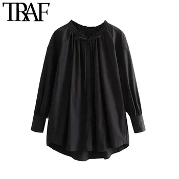 

TRAF Women Vintage Stylish Oversized Black Blouses Fashion Bow Tie O Neck Long Sleeve Female Shirts Blusas Mujer Chic Tops