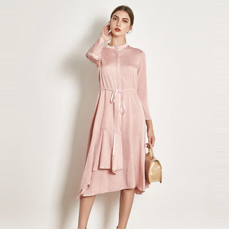Roze echte zijde jurken vrouwen natuurlijke zijde 2019 hoge kwaliteit meisjes werk boho shirt jurk losse elegante plus size lange mouw Roze echte zijde jurken vrouwen natuurlijke zijde 2019 hoge kwaliteit meisjes werk boho shirt jurk losse elegante plus size lange mouw