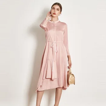 

pink real silk dresses women natural silk 2019 high quality girls work boho shirt dress loose elegant plus size long sleeve