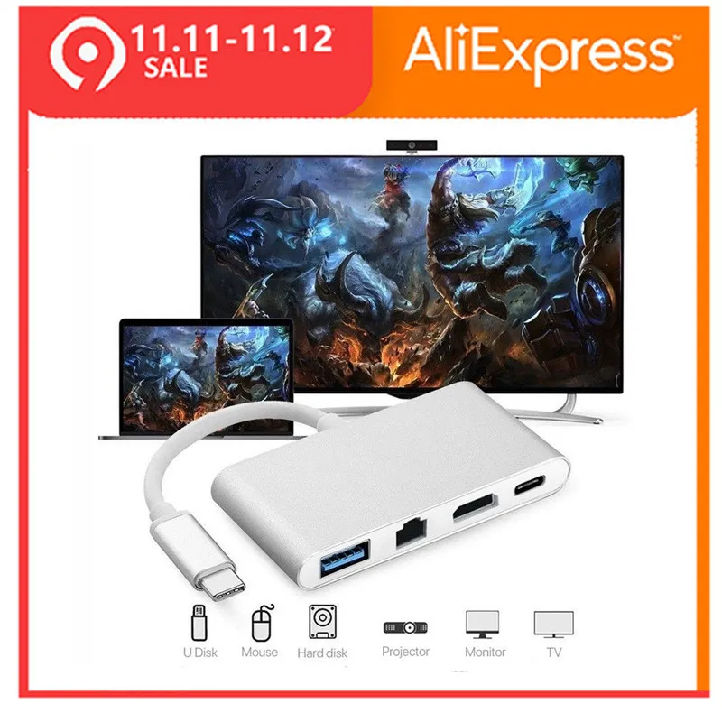 4-в-1 USB-C Hub адаптер USB C 3,1 Тип c к HDMI видео Порты и разъёмы RJ45(Gigabit Ethernet) USB 3,0 Порты и разъёмы Тип c Мощность доставки Порты и разъёмы