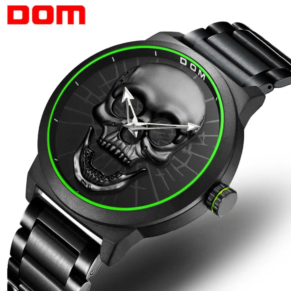 2018 Cool Punk 3D Skull Men Watch Brand DOM Luxury Steel Gold Black Vintage Quartz Male Watches sport clock Relogio Masculin |