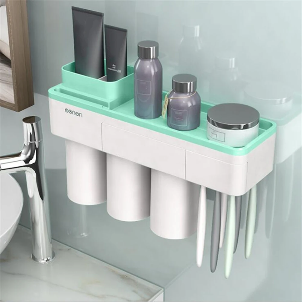 

Simple Wall-mounted Toothbrush Holder Bathroom Storage Rack Multi-functional Bathroom Organizer With Phone Holder Two/Three Cups