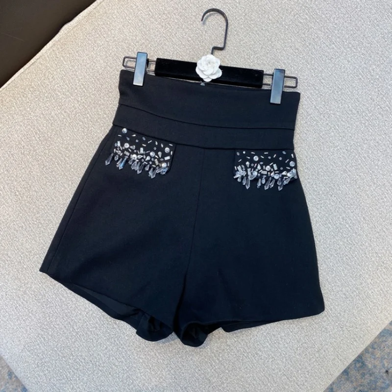 ladies-office-black-suit-shorts-2022-fashion-solid-color-crystal-high-waist-casual-short-trousers-women-a-line-wide-leg-shorts