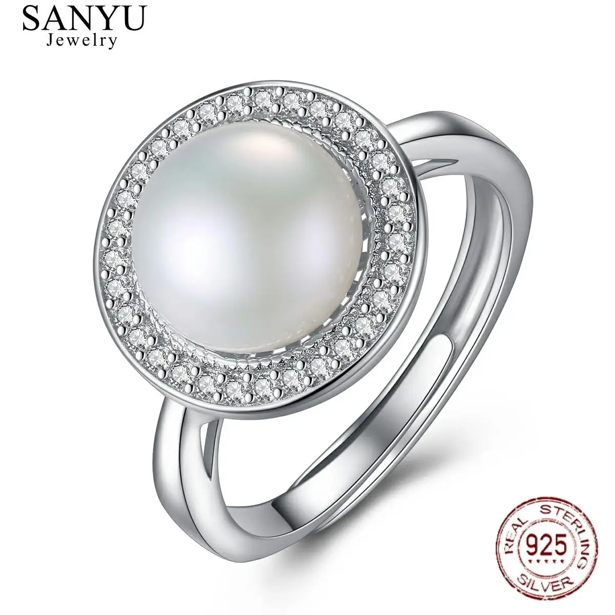 

SANYU Round Disc 925 Sterling Silver Engagement Finger Opening Ring Natural Freshwater Pearl CZ Ring Female Fine Jewelry