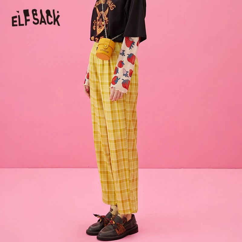 ELFSACK, желтые, с высокой талией, широкие, повседневные, клетчатые штаны для женщин, осень, корейская мода, прямые, для девушек