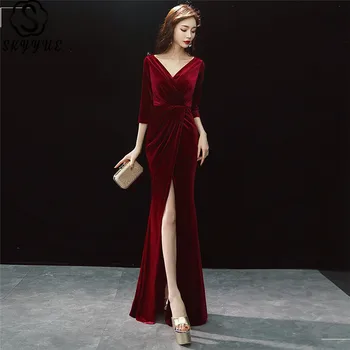 

Skyyue Velour Eveing Gown V-Neck Mermaid Three Quarter Sleeve Robe De Soiree C116 High-waist Pleat Dress Woman Party
