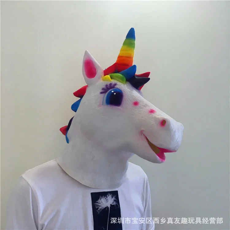 

Unicorn Mask Head Band Colorful Unicorn Rainbow Horse Halloween Latex Animal Head Band Horror Mask
