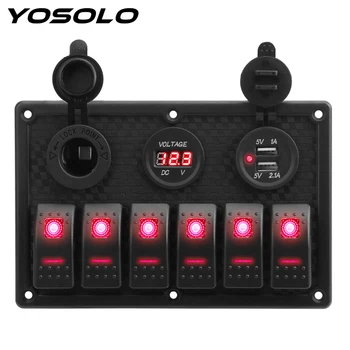 

YOSOLO 6 Gang Rocker Switch Panel Digital Voltage Display Waterproof 4.2A Dual USB Slot Socket With Fuse