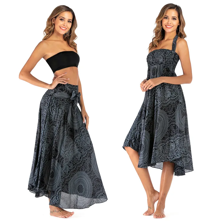 

Black Skirt mandala floral flower print Thai skirt knotted plus size women halter neck jumpsuit Beach Skirts womens midi skirts