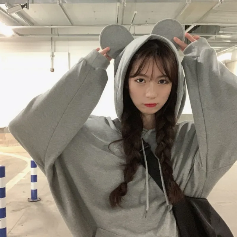 

Harajuku Oversized Hoody Cute Ear Women's Sweatshirt Autumn Solid Color Hoodies Women Casual Korean Big Pocket Sweatshirt Woman
