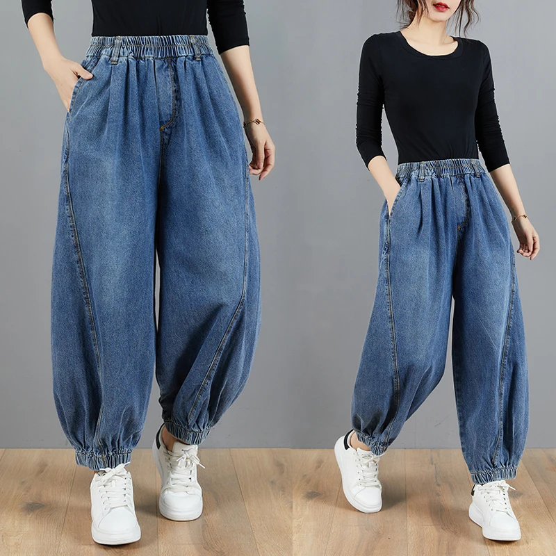 Free Shipping 2021 Spring And Summer New Fashion Elastic Waist Ankle Length Trousers Women Pants Jeans Lantern Loose Size M-2XL spring autumn and winter skinny warm jeans women velvet ankle length casual thick pencil pants basic fleece denim trousers