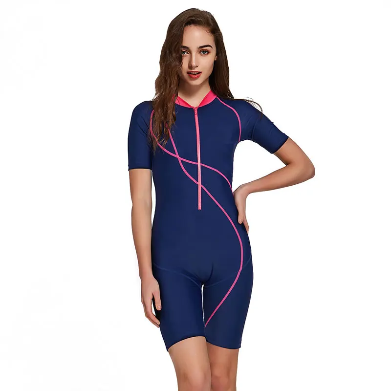 Women's Short Sleeve Rash Guard, Dive Skin, Front Zip Wetsuit, Swimming Surfing, Snorkeling Swimsuit, Sun Suit, 1 Pc