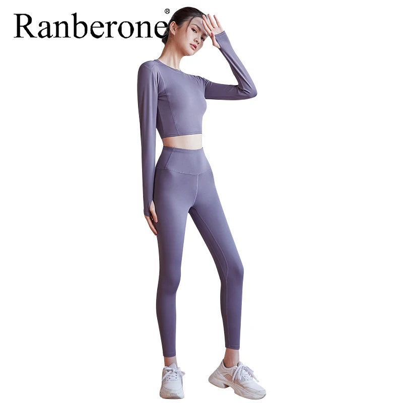 

Ranberone Suit Women Sport Long Sleeve Slim Shirts Yoga Leggings 2 Piece Set Gym Fitness Suit Clothes Workout Female Set 2020