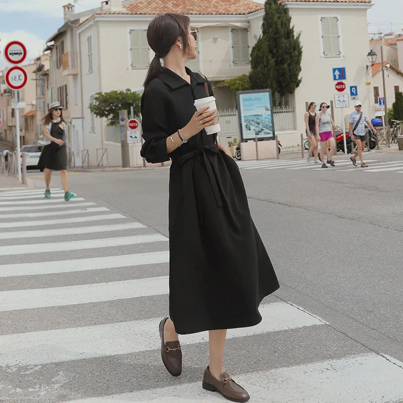 

Photo Shoot 2020 Spring New Style Long-sleeved Dress Women's Mid-length Korean-style Students Loose-Fit Elegant Slimming Skirt