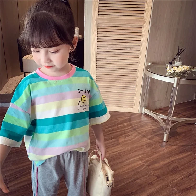 supreme shirt Girls short sleeve T-shirt summer smile face children's leisure half sleeve cotton t-shirts children's striped tees P5156 vintage t shirts