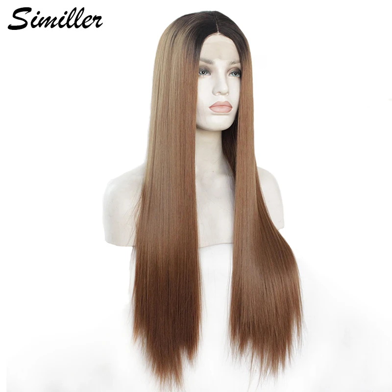 

Similler Synthetic Lace Front Wig Long Ombre Straight Synthetic Wig Cosplay for Women Heat Resistant 26 Inch Black T Brown