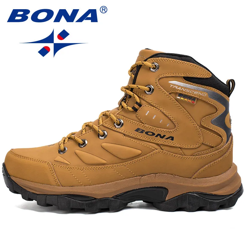 BONA/Мужская обувь с высоким берцем; сезон осень-зима; походная обувь из кожи и плюша; уличная спортивная обувь для ходьбы; обувь для альпинизма; Мужские Теплые ботильоны - Цвет: Light Brown