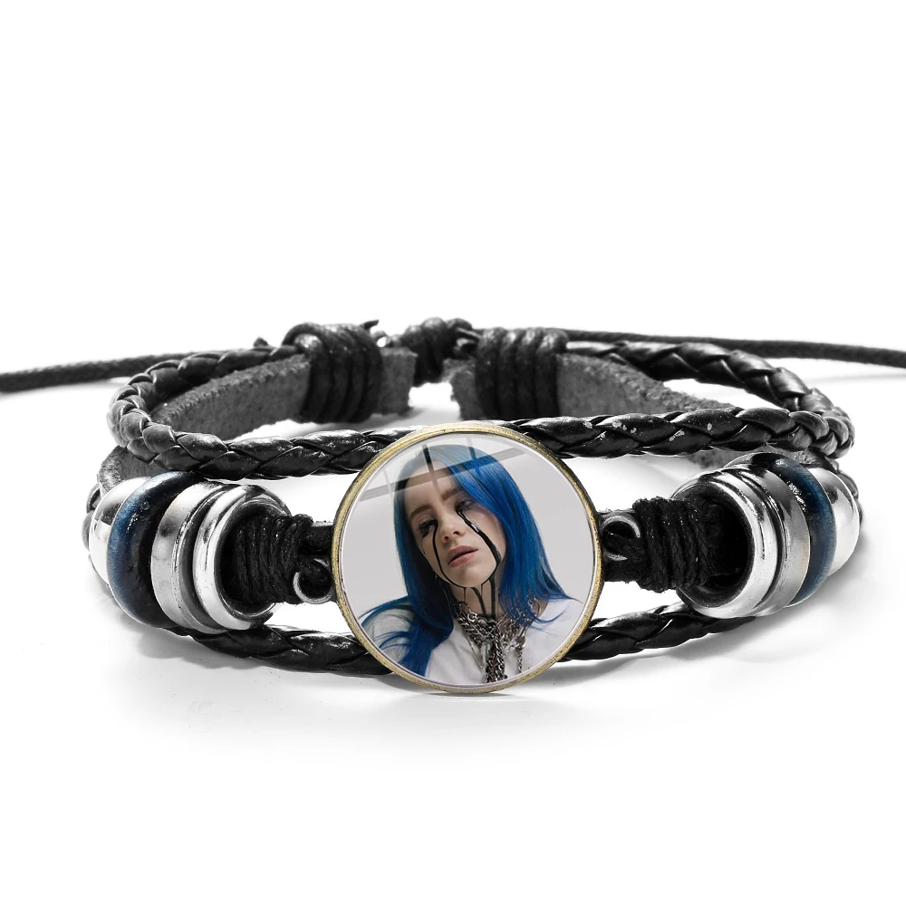 SONGDA хип-хоп певец Billie Eilish очаровательный браслет Харадзюку 3D напечатанный стеклянный кабошон черный панк кожаный браслет для фанатов