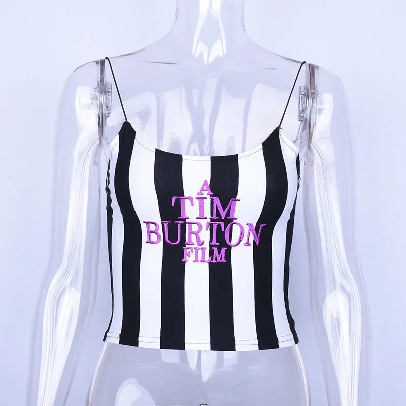 half bra Letter Embroidery Camis Women Sexy Crop Top 2022 Summer Sleeveless Skinny Camisole Black White Stripe Vests Tee TIM BURTON FILM cheap bras Tanks & Camis