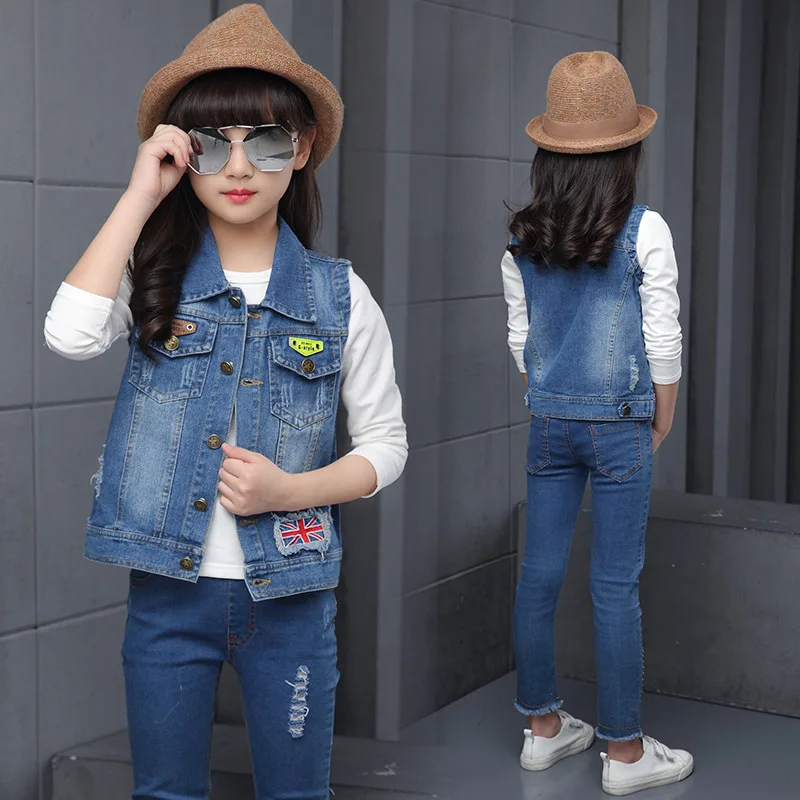 Новинка года; сезон осень; стильная детская одежда для девочек; детская джинсовая куртка среднего и большого размера с флагом союза; Wechat; деловая поставка товаров