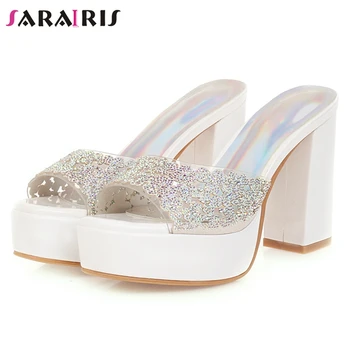 

SARAIRIS New Ladies Summer Sexy High Block Heels Slippers Sweet Platform Slides Women 2020 INS Hot Heeled Shoes Woman
