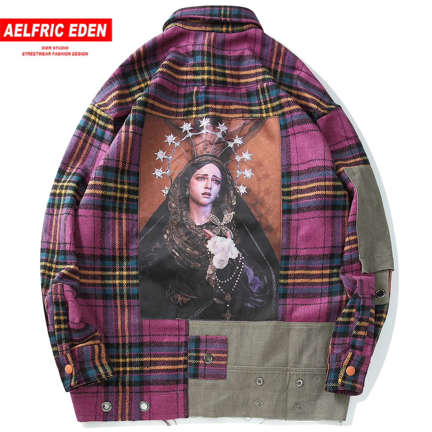 Aelfric Eden клетчатая рубашка мужская повседневная Лоскутная плотная Harajuku топы уличная Мужская рубашка с длинным рукавом клетчатые рубашки хип-хоп