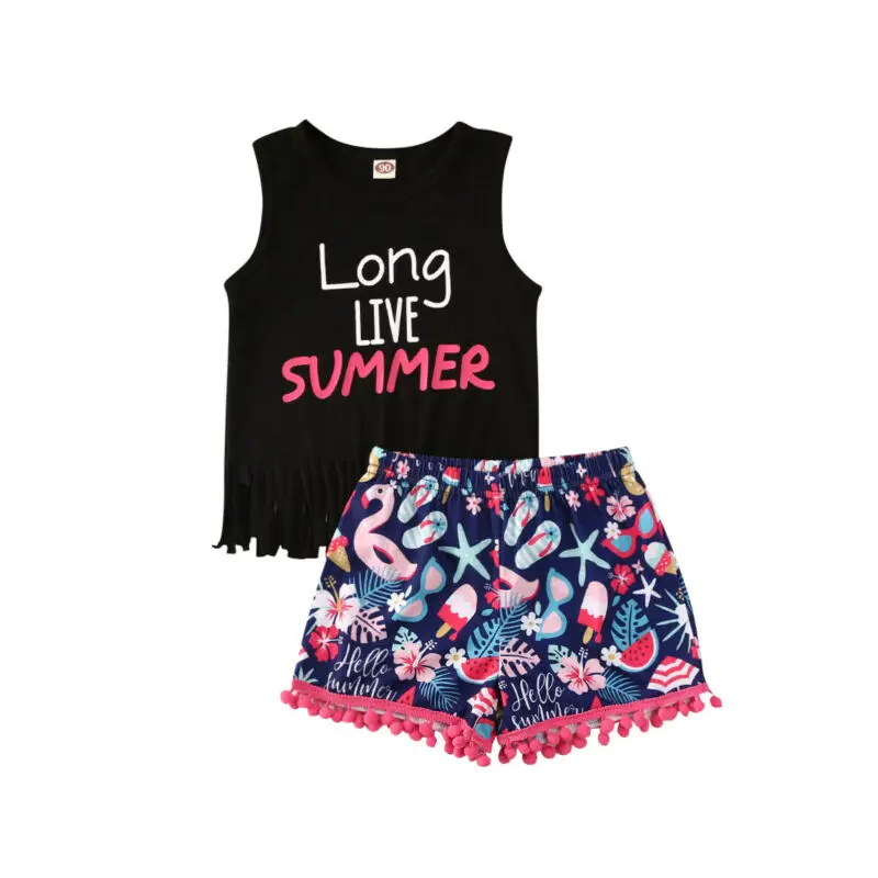 

CANIS Sleeve Toddler Baby Girl Kids Tassel Letter Printed Tops Tank Vest + Floral Printed Short Outfit Clothes Set