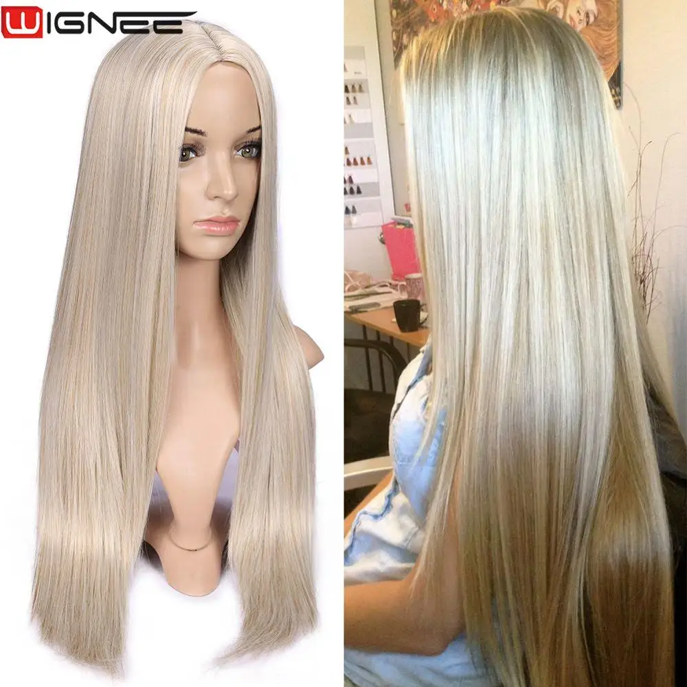 Pure white Wignee, длинные прямые волосы, средняя часть, синтетический парик для женщин, Омбре, пепельный блонд/розовый/красный/коричневый/синий, натуральные волосы, женский парик - Цвет: Pure white