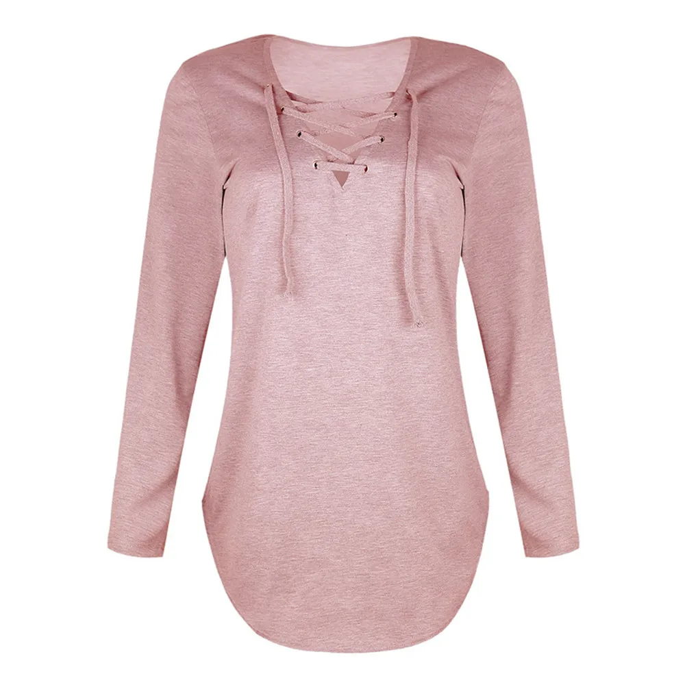 

Fashion Women Long Sleeve T-shirts Autumn Winter Sexy Deep V Neck Bandage Shirts Women Lace Up Tops Tees Clothes Gift