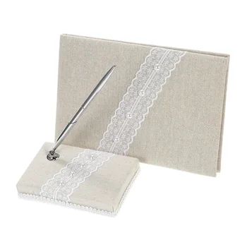 

2Pcs Vintage Wedding Guest Sign Book Burlap Lace Wedding Guest Signature Book Pen Stand Set Wedding Decorations Party Supplies