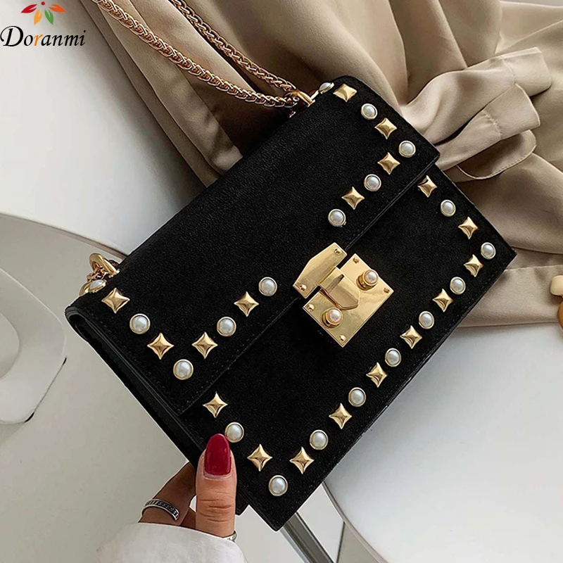 

DORANMI Suede Leather Flap Bags For Women 2019 Rivet Appliques Shoulder Bag Female Messenger Pearl Crossbody Bag Bolso BG006