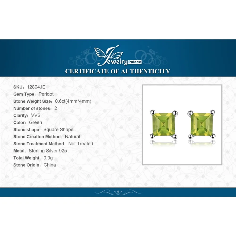 JewelryPalace Genuine Peridot Stud Earrings 925 Sterling Silver Earrings For Women Gemstones Korean Earings Fashion Jewelry