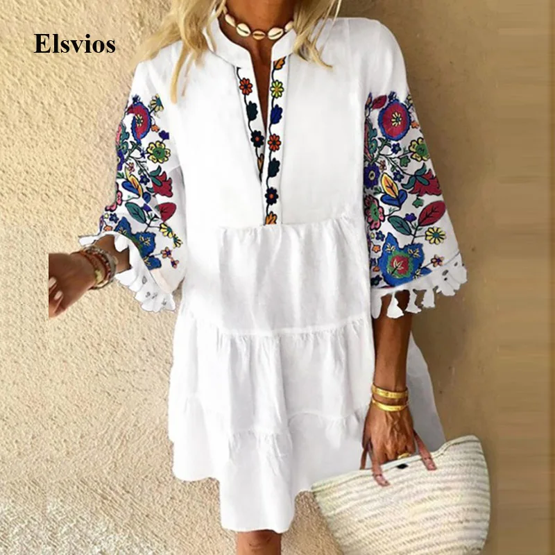 Vintage Floral Print Tassel Women Dress 2020 Autumn Half Sleeve Button Mini Dress Casual Lady V-Neck Loose Party Dress Vestidos Vintage Floral Print Tassel Women Dress 2020 Autumn Half Sleeve Button Mini Dress Casual Lady V-Neck Loose Party Dress Vestidos