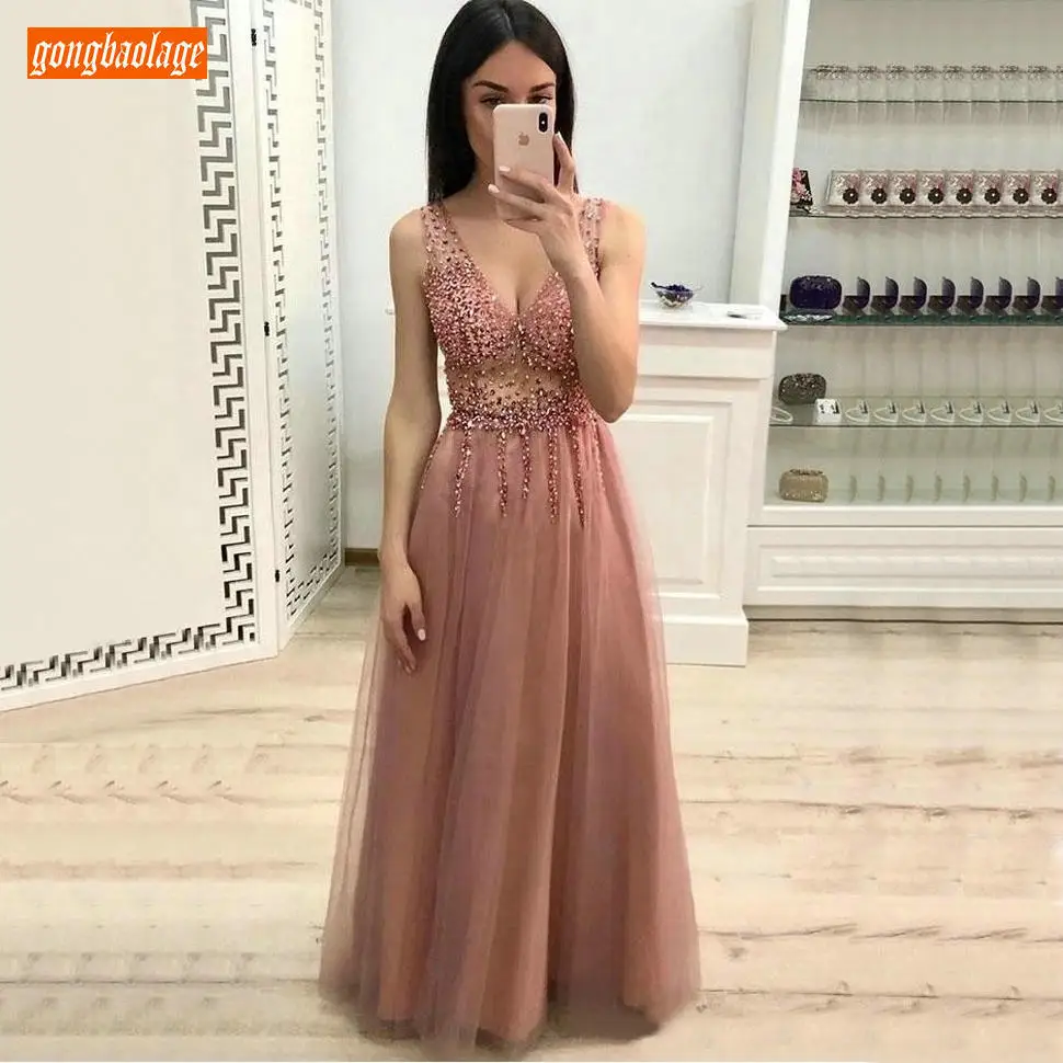 

Stylish 2020 Prom Dresses Long Women Beading Deep V-Neck Prom Gowns Crystal Tulle A Line Floor Length Modern Party Evening Dress