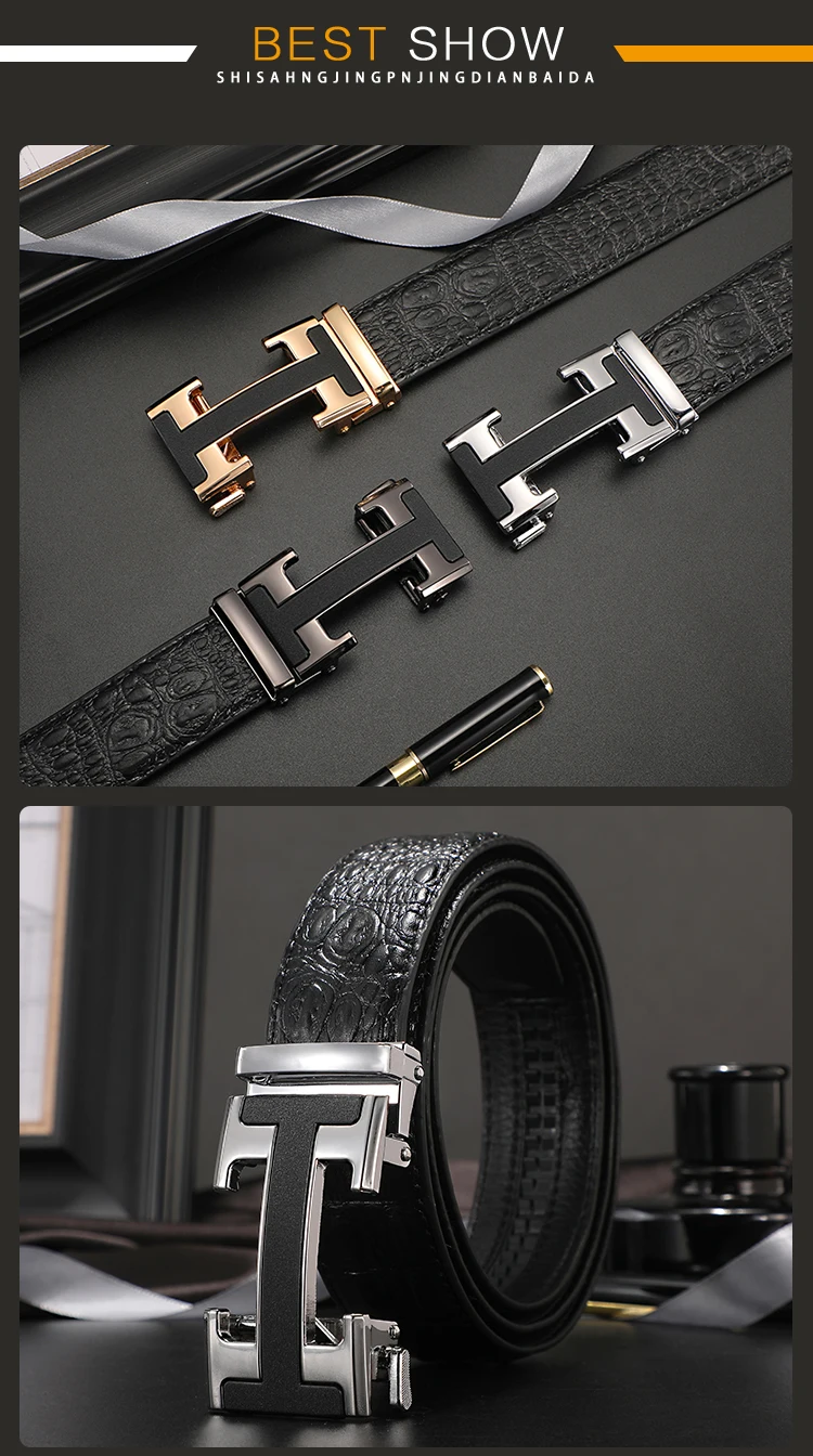 Luxury Men Belts H Letter Automatic Buckle Crocodile Pattern Genuine Leather Belts for Men Dress Brand Famous Strap ZD2141 mens braided leather belt