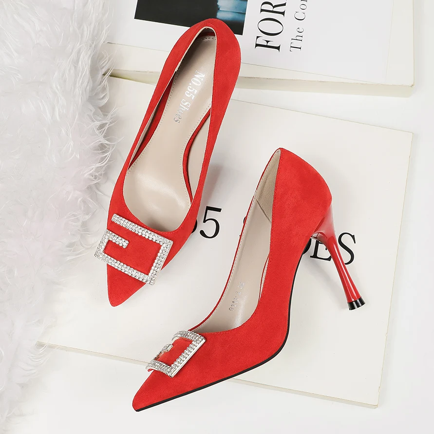 

Spring autumn fashion belt buckle high heel women pointed toe fine heel suede shallow mouth crystal for evning party 8cm red