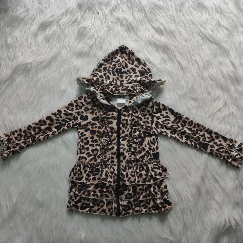 

Kids Baby girls leopard hoodie black zip popular ruffle high quality soft fabric boutique jacket cardigan top