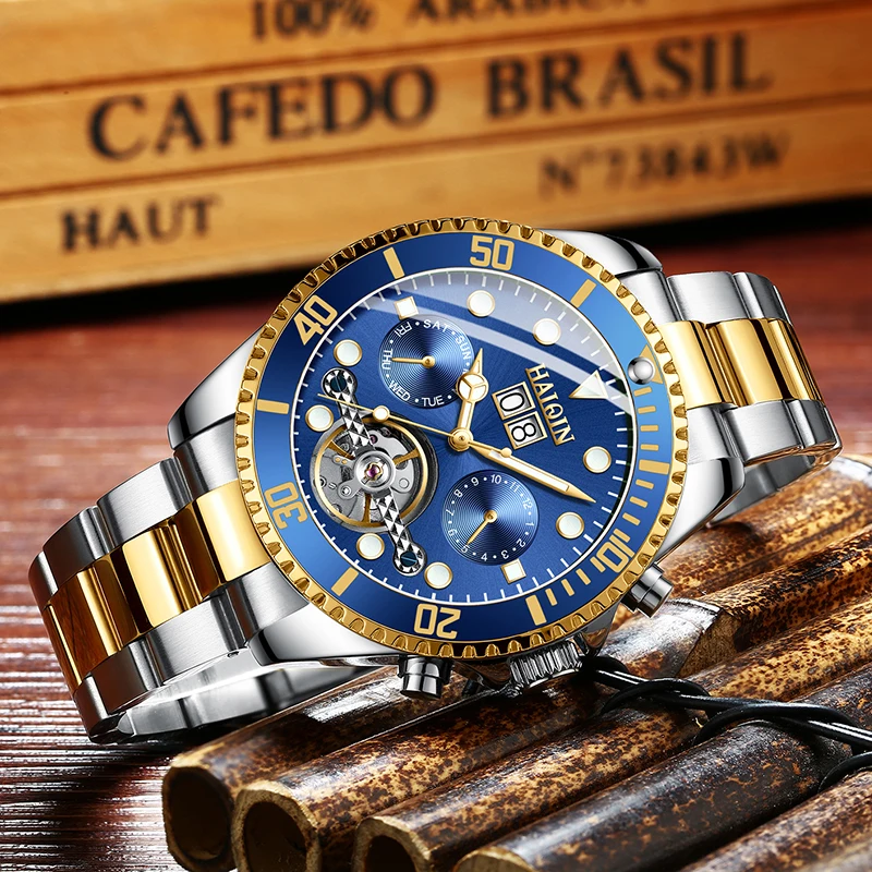 HAIQIN часы Мужские автоматические Турбийон Механические Роскошные военные наручные часы мужские спортивные золотые синие часы Relogio Masculino