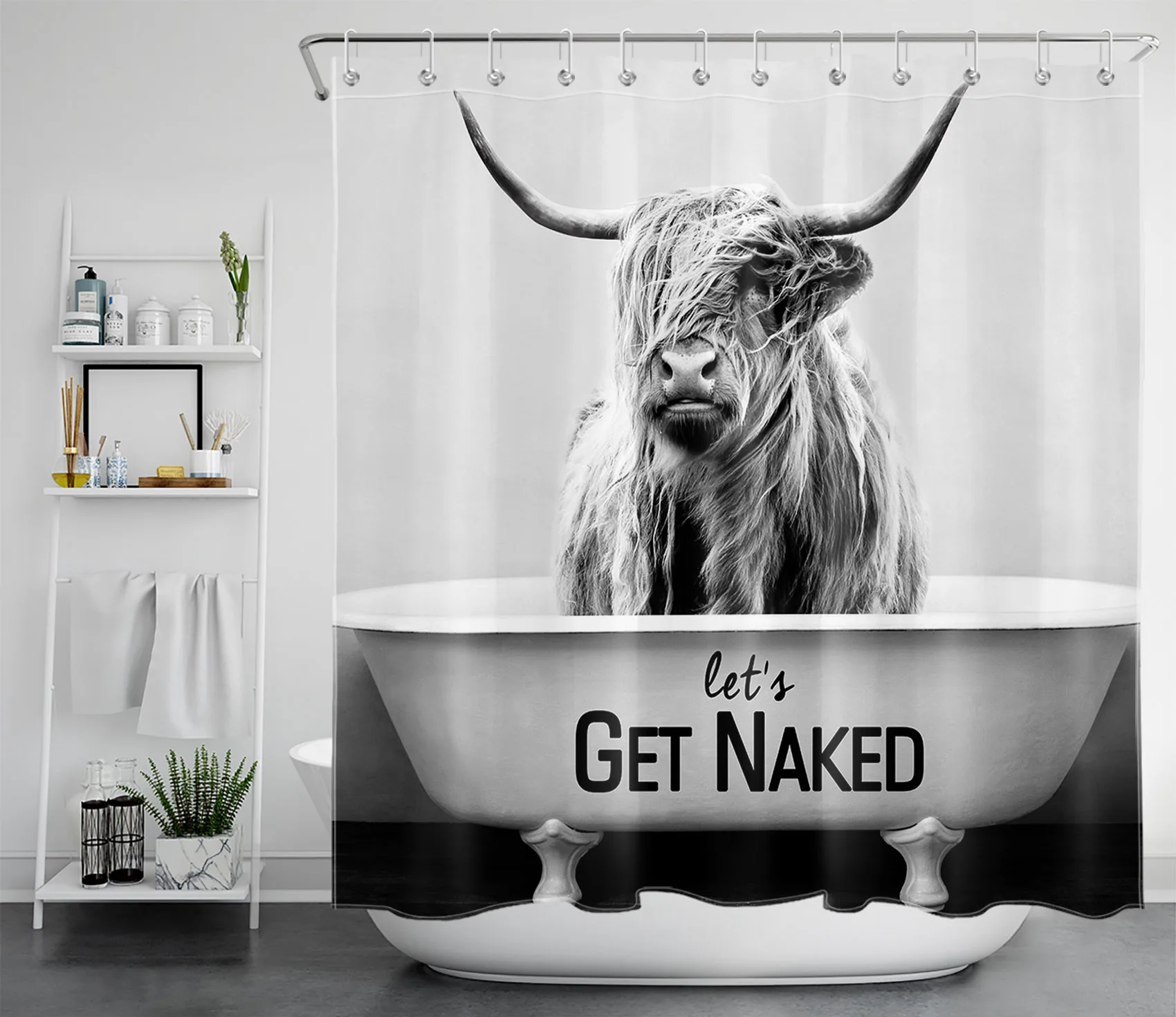 Funny Highland Cow Shower Curtain Abstract Marble Funny Get Naked Bathroom Set