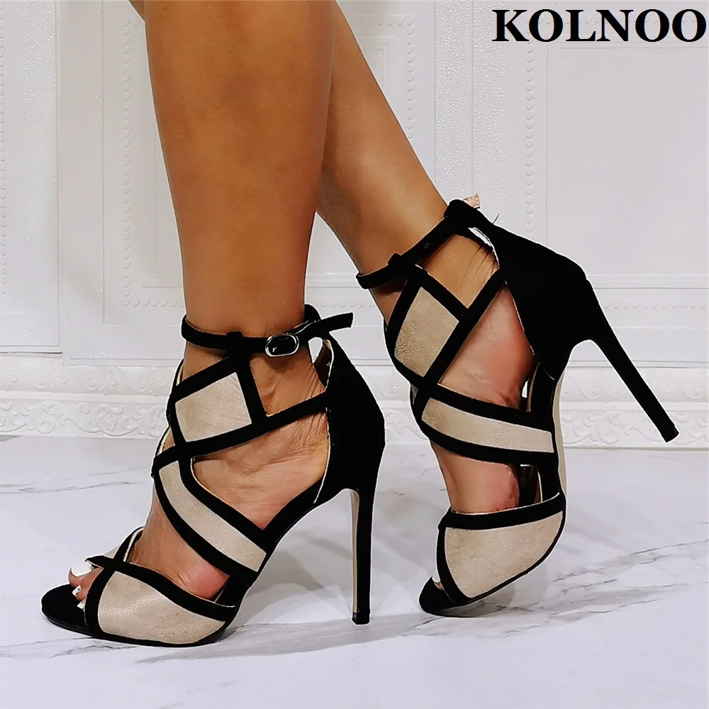 

Kolnoo New Patchwork Womens High Heeled Sandals Buckle Ankle Strap Peep-toe Summer Shoes Evening Club Fashion Daily Wear Shoes