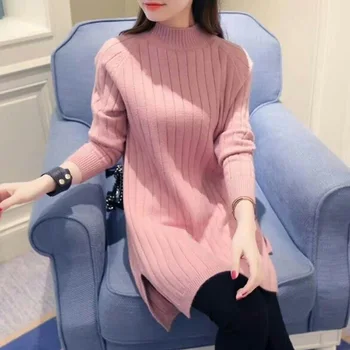 

Autumn winter long sleeve 2019 sweater women pull femme streetwear soft jumper high split knitting pullover