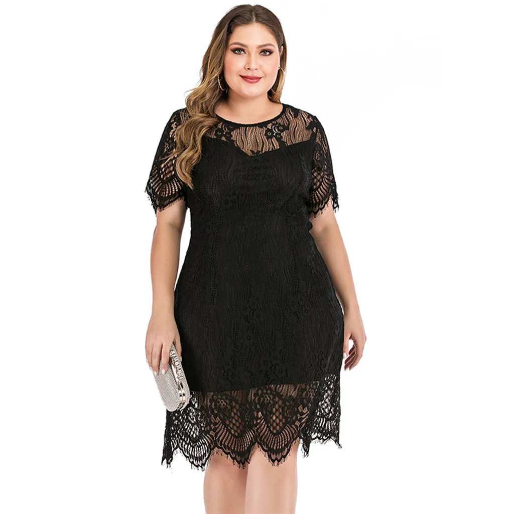 Women Lady Fashion Plus Size Lace Splice Perspective Solid Party Formal Dress Women Dress Boho Print Sexy Vintage Female