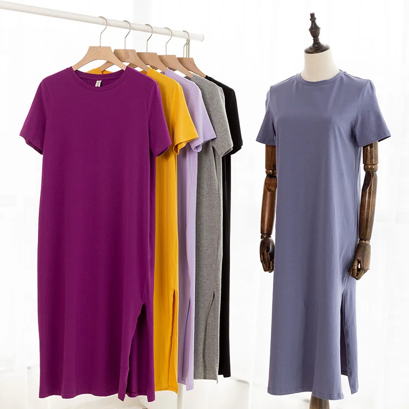 94% Cotton 6% Spandex Dress Casual Loose Short Sleeve O-Neck Split Out Women Dresses Plus Size Vestido Sales M30465