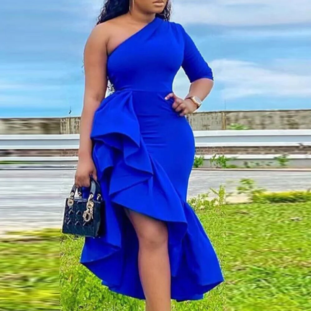 

Dark Blue Ruffles Mermaid Dress Sexy One Shoulder Half Sleeve Prom Party Robe Femme Elegant Asymmetry Midi Maxi Evening Vestidos