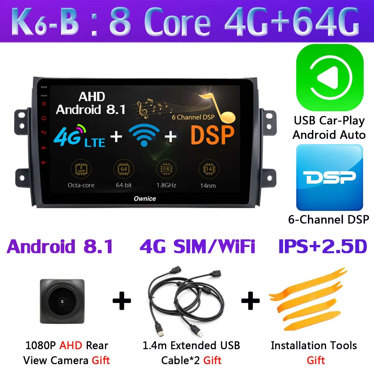 K6-B-CarPlay 360 ° панорамный 4G+ WiFi Android 9,0 8Core 4+ 64G Автомобильный мультимедиа для Suzuki SX4 2006- gps Радио SPDIF DSP стерео CarPlay авто - Цвет: K6-B-CarPlay