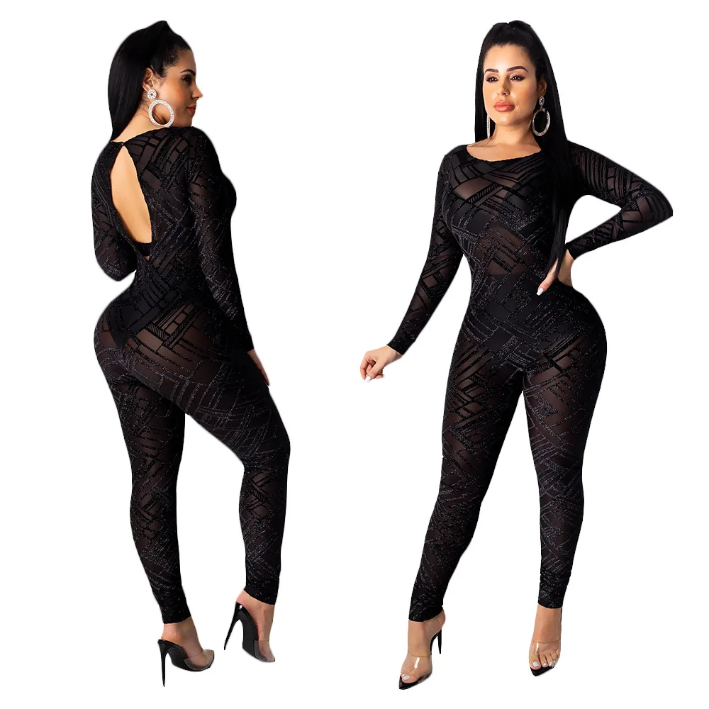 Sexy bodysuit tracksuit rompers womens jumpsuit long sleeve skinny solid mesh hollow out slim overalls combinaison femme | Женская