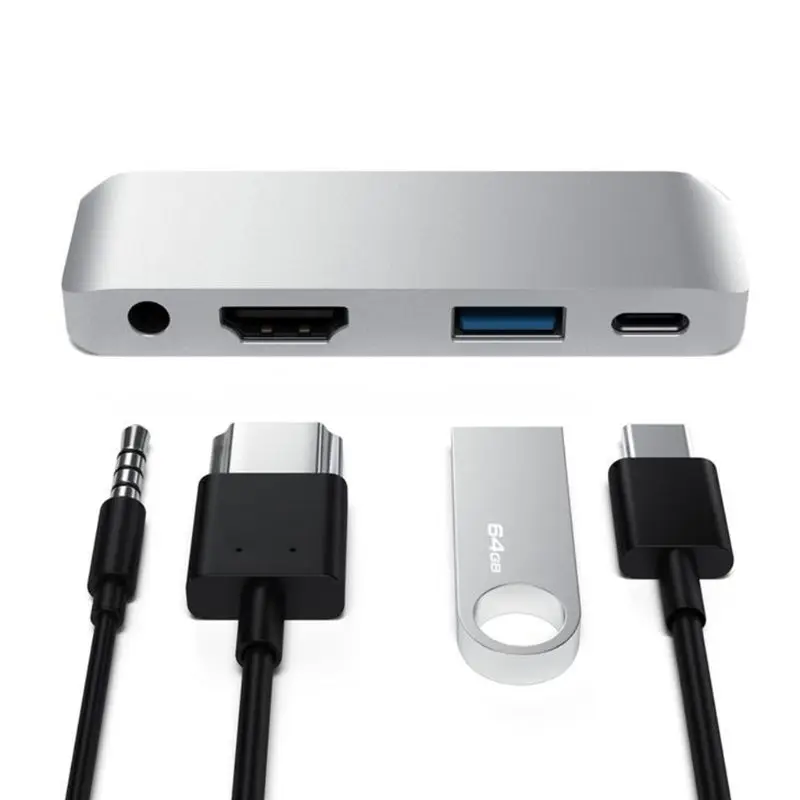 Type C to HDMI+AUX+USB+PD Hub Mini USB C Adapter 4K HDMI for SD/TF Card Reader